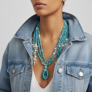 Vintage Turquoise Pearl Quartz Sautoir Long Necklace